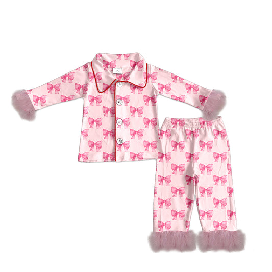 (Pre-order)GLP3051 Adult Pink Bows Print Woman Buttons Fur Pajamas Clothes Set