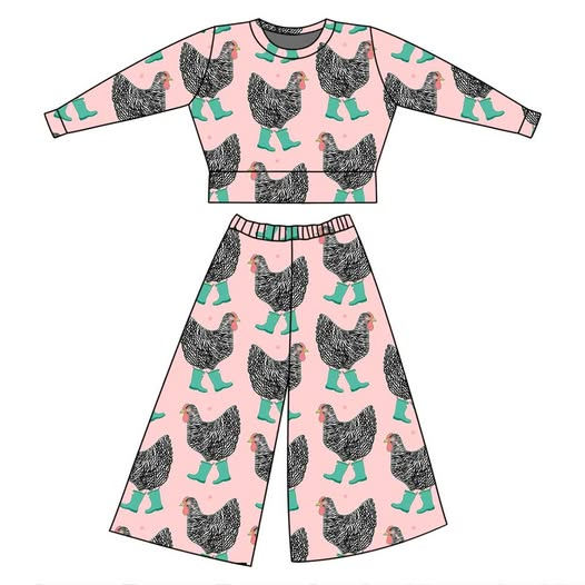 (Pre-order)GLP3054 Chicken Pink Long Sleeve Top Pants Girls Clothes Set