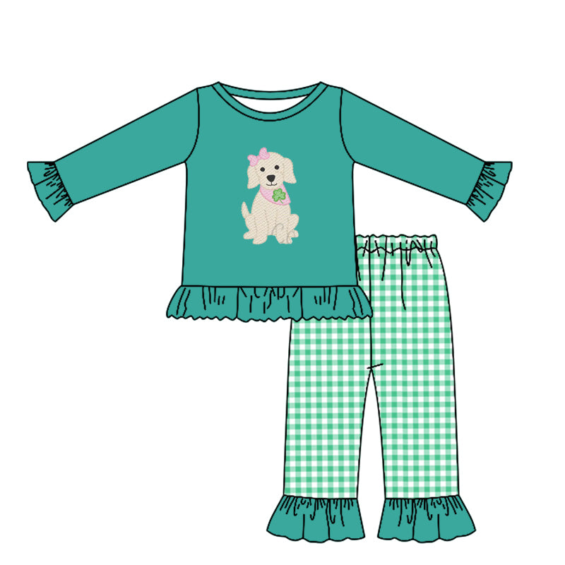 (Pre-order)GLP3057 Puppy Green Top Plaid Pants Girls St. Patrick's Day Clothes Set