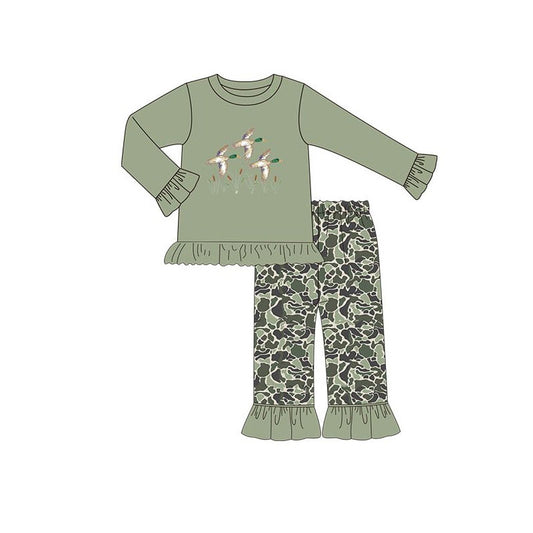 (Pre-order)GLP3062 Duck Green Top Camo Pockets Pants Girls Fall Clothes Set