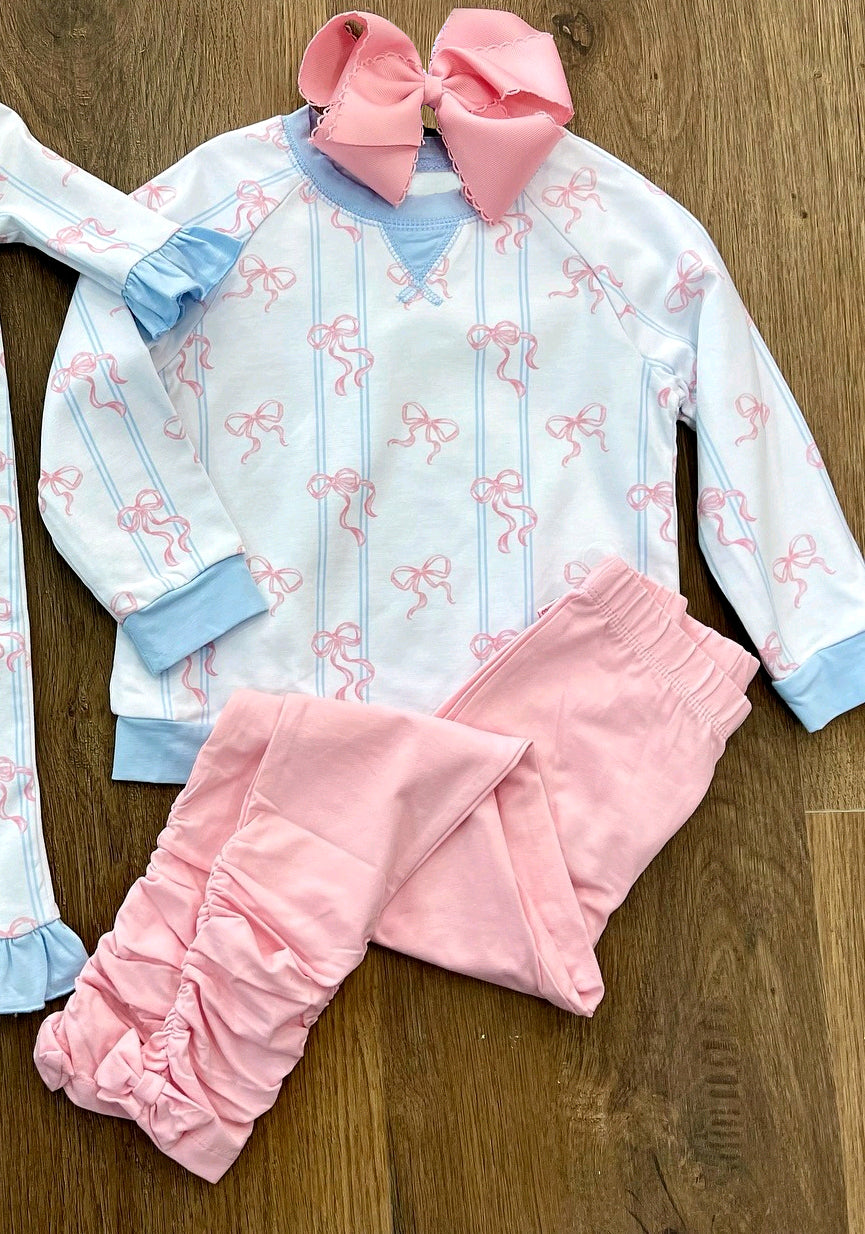 (Pre-order)GLP3063 Pink Bows Blue Stripes Top Pink Pants Girls Clothes Set