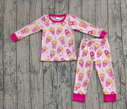 (Pre-order)GLP3065 Fries Heart Print Girls Valentine's Day Pajamas Clothes Set