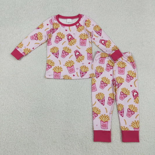 GLP3065 Fries Heart Print Girls Valentine's Day Pajamas Clothes Set