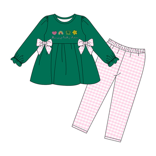 (Pre-order)GLP3066 Rainbow Green Tunic Top Pink Pants Girls St. Patrick's Day Clothes Set