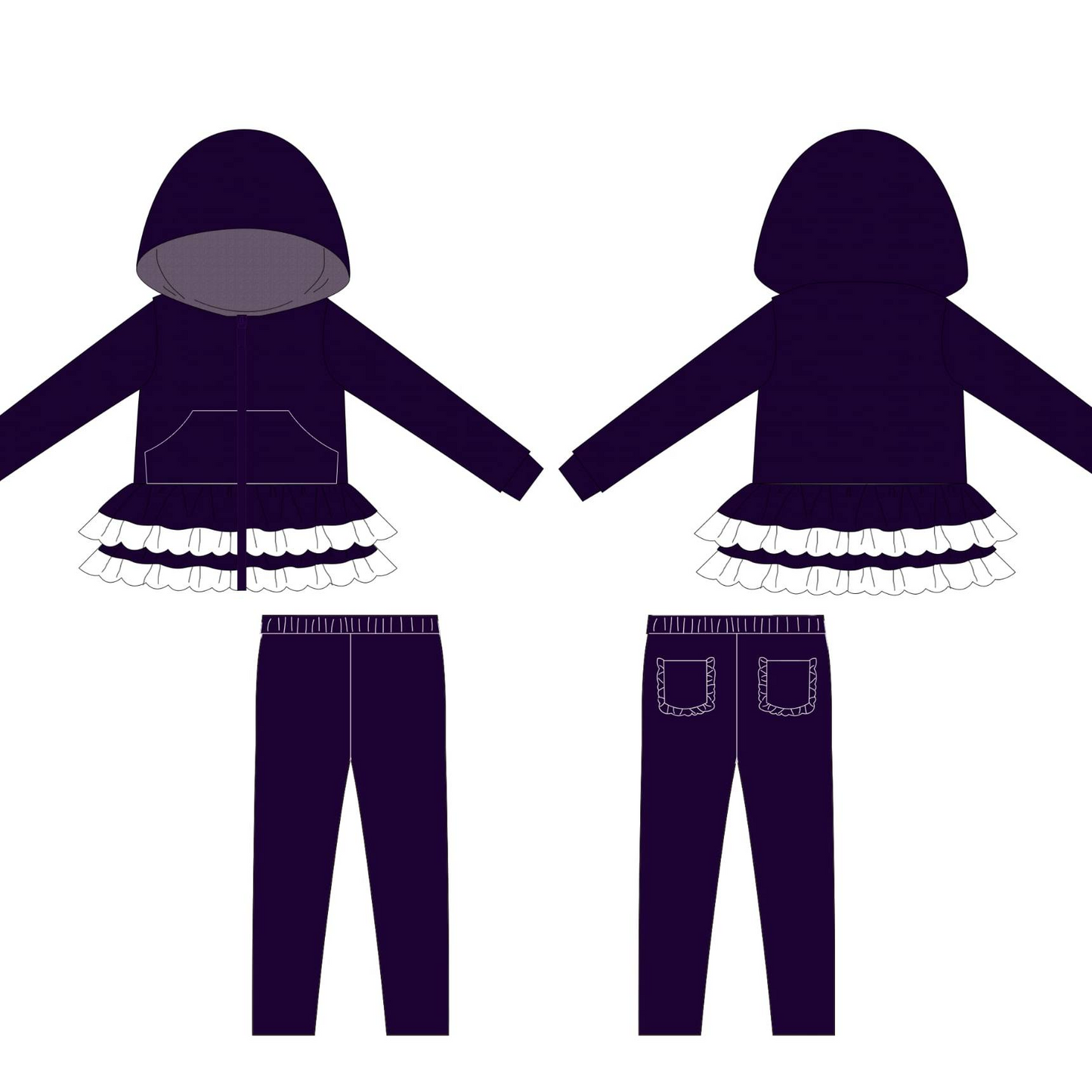 (Pre-order)GLP3071 Purple Ruffles Hoodie Top Pockets Pants Girls Fall Clothes Set