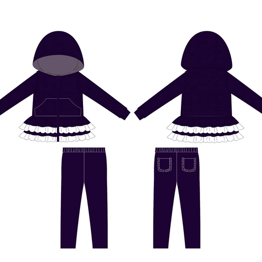 (Pre-order)GLP3071 Purple Ruffles Hoodie Top Pockets Pants Girls Fall Clothes Set