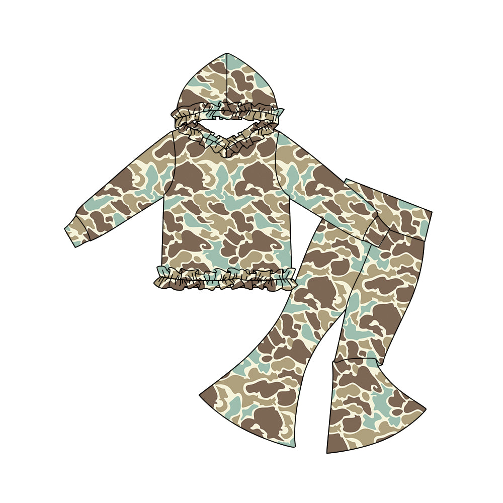 (Pre-order)GLP3077 Brown Green Camo Hoodie Top Bell Pants Girls Fall Clothes Set