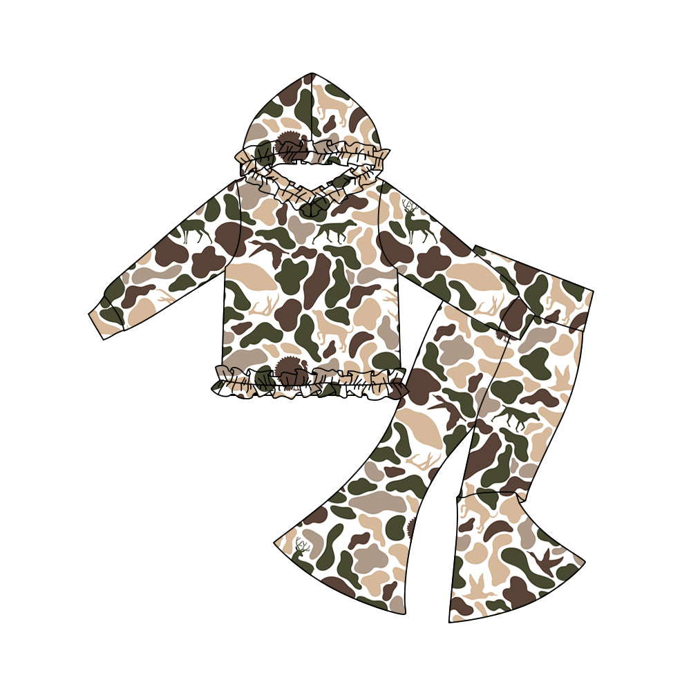 (Pre-order)GLP3079 Dog Khaki Camo Hoodie Top Bell Pants Girls Fall Clothes Set