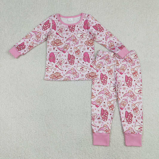 GLP3085 Hat Boots Hearts Pink Print Girls Valentine's Day Pajamas Clothes Set