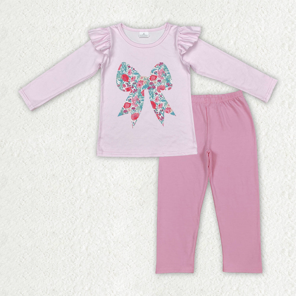 GLP3087 Flowers Pink Bow Top Pink Legging Pants Girls Clothes Set