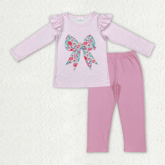 GLP3087 Flowers Pink Bow Top Pink Legging Pants Girls Clothes Set