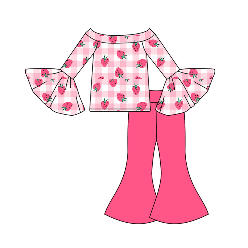 (Pre-order)GLP3088 Strawberry Plaid Top Pink Bell Pants Girls Clothes Set