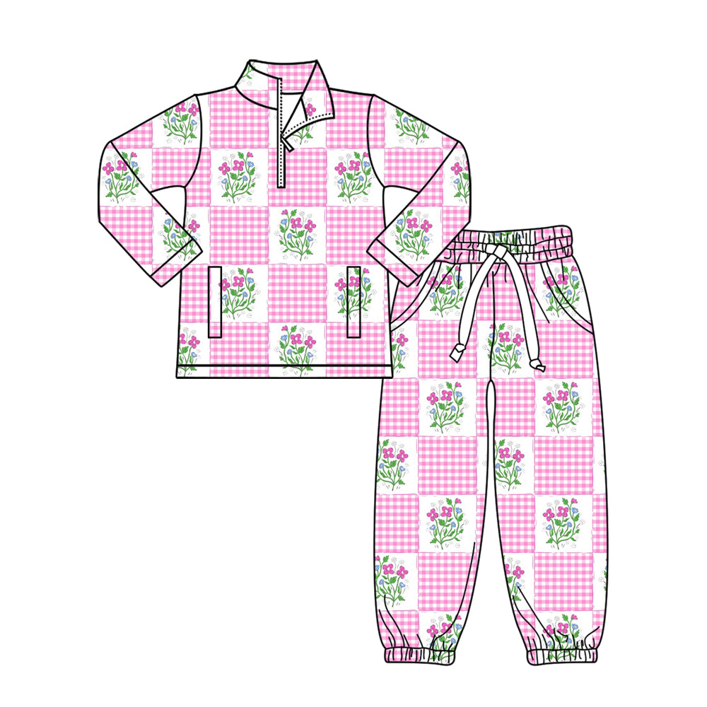 (Pre-order)GLP3090 Flowers Plaid Zipper Top Jogger Pants Girls Clothes Set