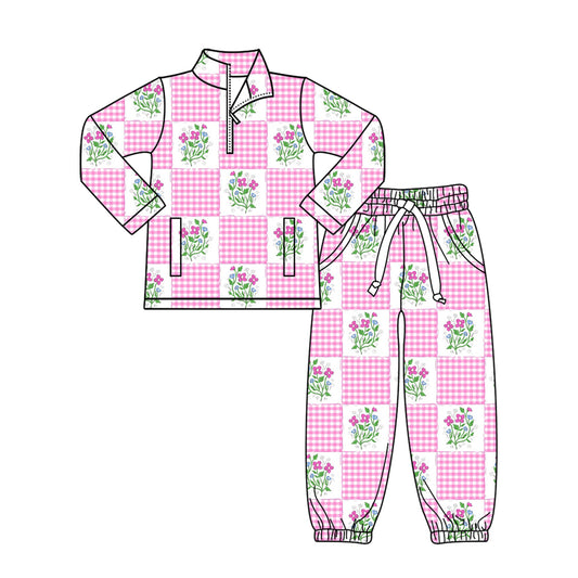 (Pre-order)GLP3090 Flowers Plaid Zipper Top Jogger Pants Girls Clothes Set