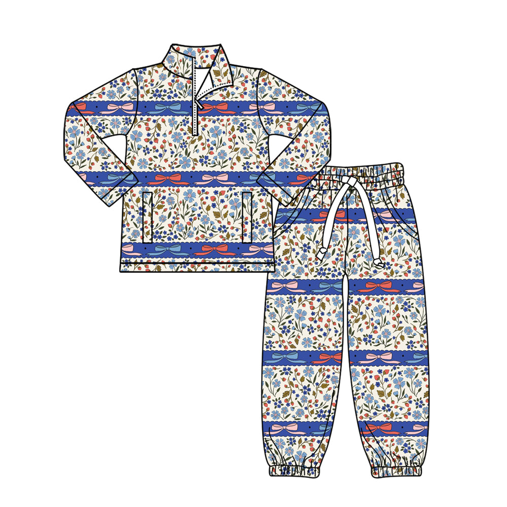 (Pre-order)GLP3093 Flowers Bows Zipper Top Jogger Pants Girls Clothes Set