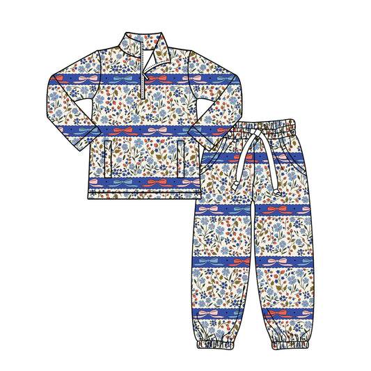 (Pre-order)GLP3093 Flowers Bows Zipper Top Jogger Pants Girls Clothes Set