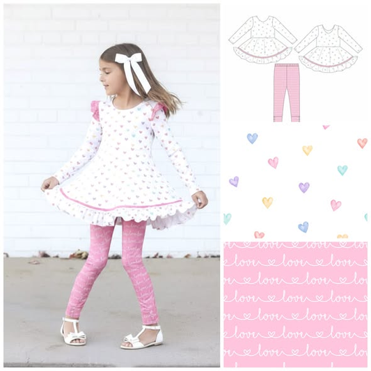(Pre-order)GLP3101 Heart Tunic Top Pink LOVE Pants Girls Valentine's Day Clothes Set