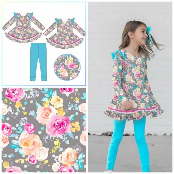 (Pre-order)GLP3102 Colorful Flowers Tunic Top Blue Pants Girls Clothes Set