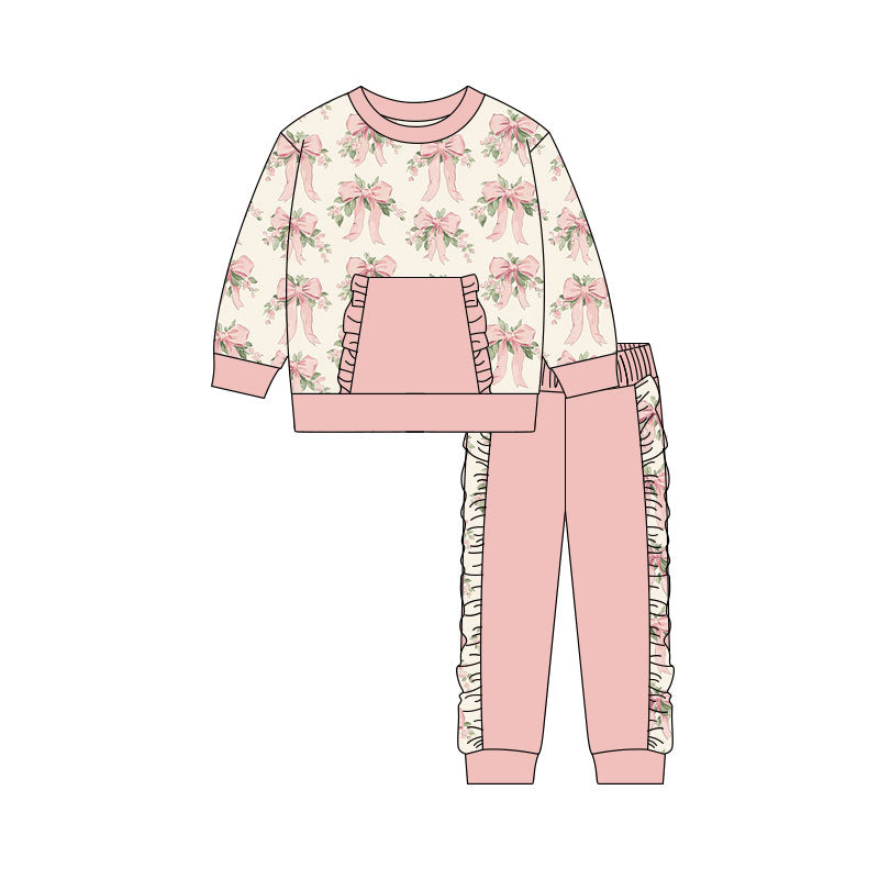 (Pre-order)GLP3105 Flowers Bows Top Pink Ruffle Pants Girls Clothes Set