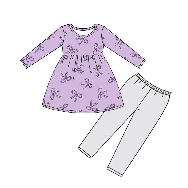 (Pre-order)GLP3107 Bows Purple Tunic Top Grey Pants Girls Clothes Set