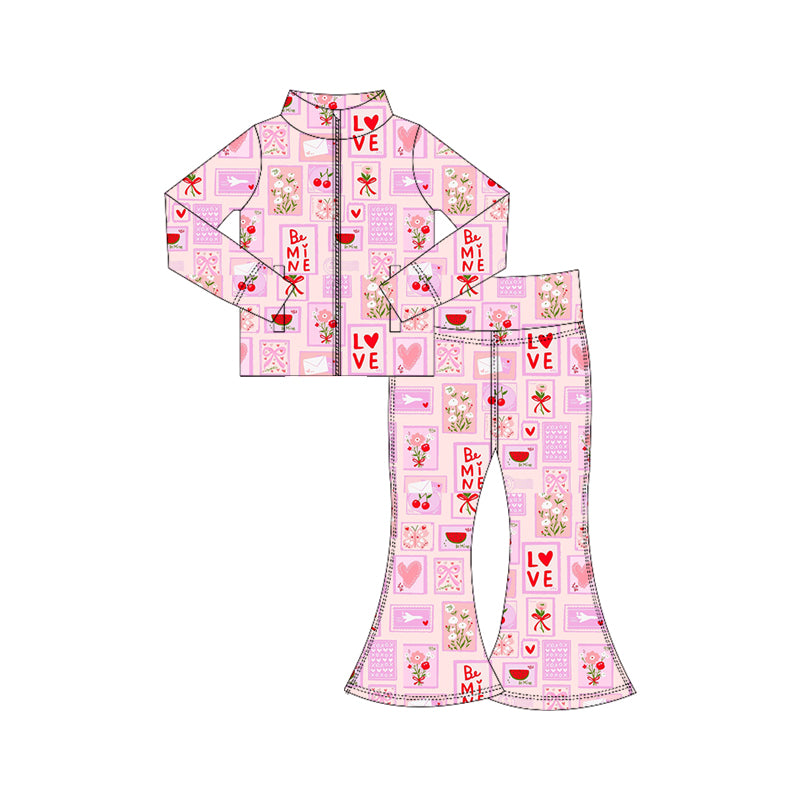 (Pre-order)GLP3111 Heart Flowers Bows Zipper Top Bell Pants Girls Valentine's Day Yoga Clothes Set