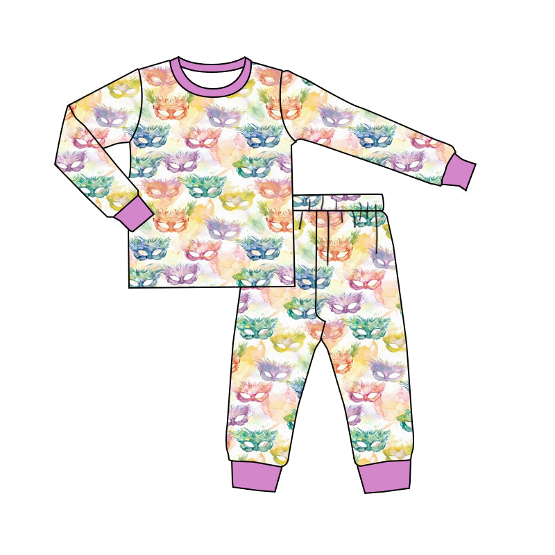 (Pre-order)GLP3114 Colorful Mask Print Girls Mardi Gras Pajamas Clothes Set