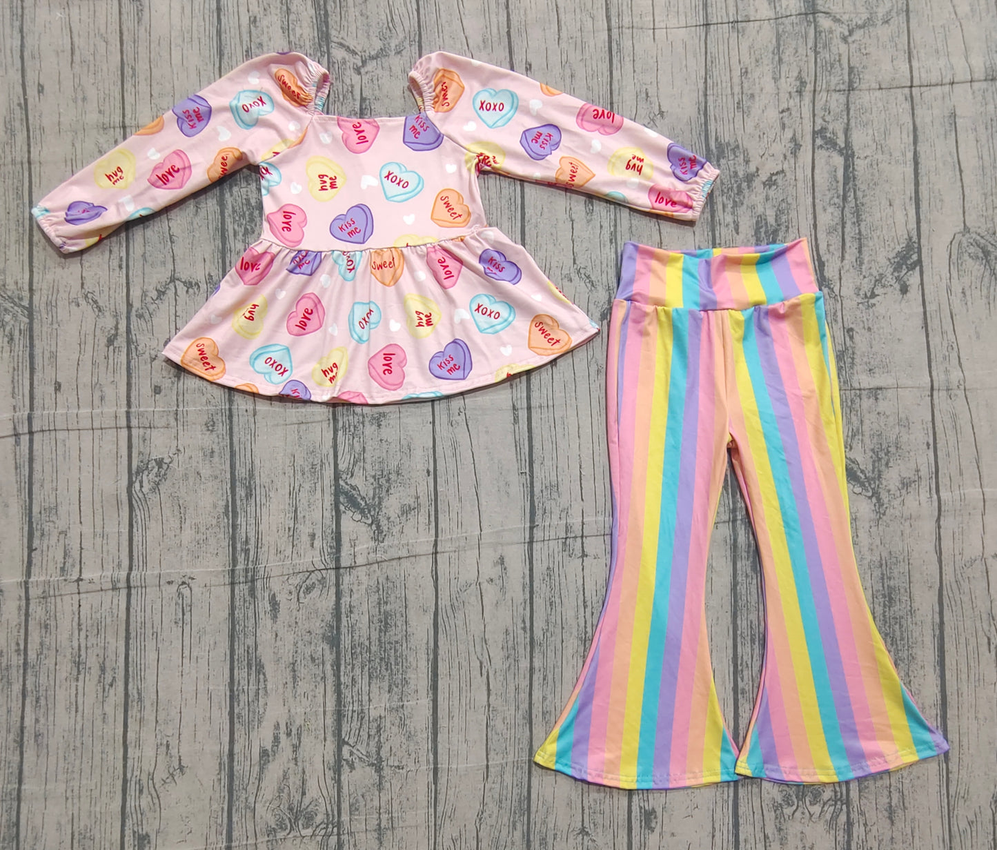 (Pre-order)GLP3118 Colorful Heart Top Stripes Bell Pants Girls Valentine's Day Clothes Set