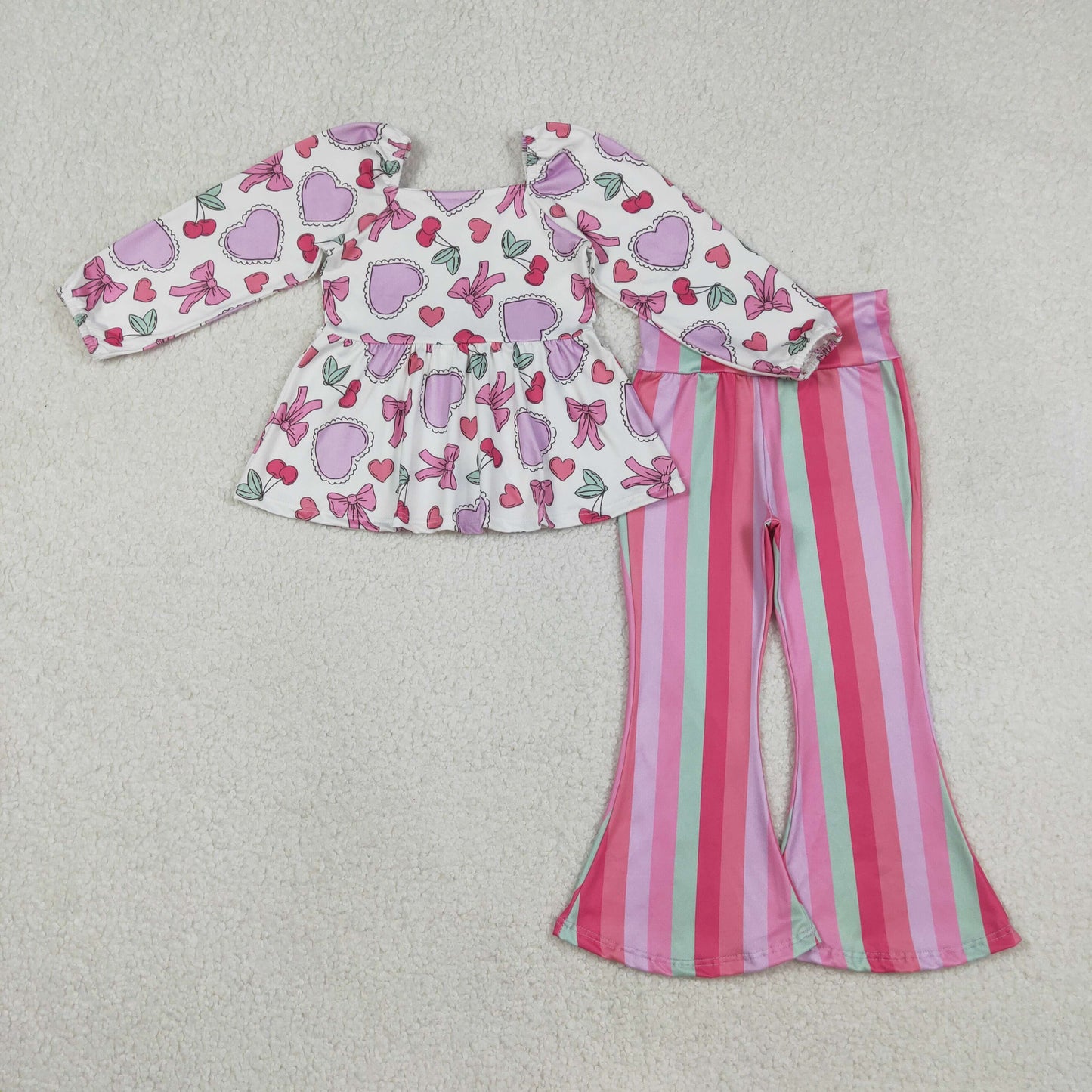 Hearts Bows Top Stripes Bell Pants Girls Valentine's Day Clothes Set Sisters Wear