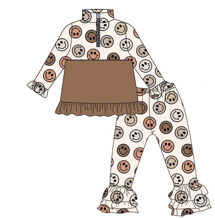 (Pre-order)GLP3122 Smiling Face Zipper Top Ruffle Pants Girls Clothes Set