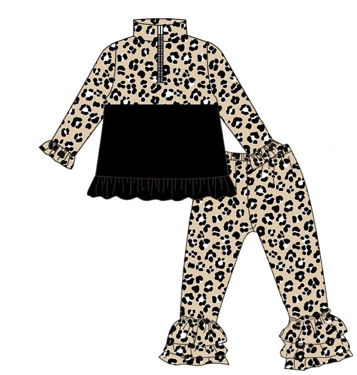 (Pre-order)GLP3123 Leopard Zipper Top Ruffle Pants Girls Clothes Set