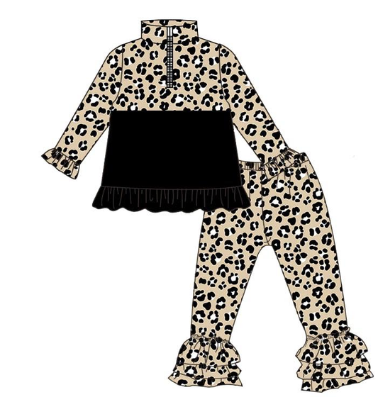 (Pre-order)GLP3123 Leopard Zipper Top Ruffle Pants Girls Clothes Set