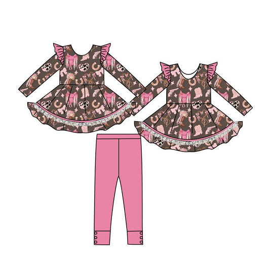 (Pre-order)GLP3126 Boots Heart Bows Tunic Top Pink Pants Girls Valentine's Day Clothes Set