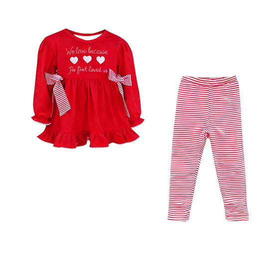 (Pre-order)GLP3133 Love Us Heart Red Tunic Top Stripes Pants Girls Valentine's Day Clothes Set