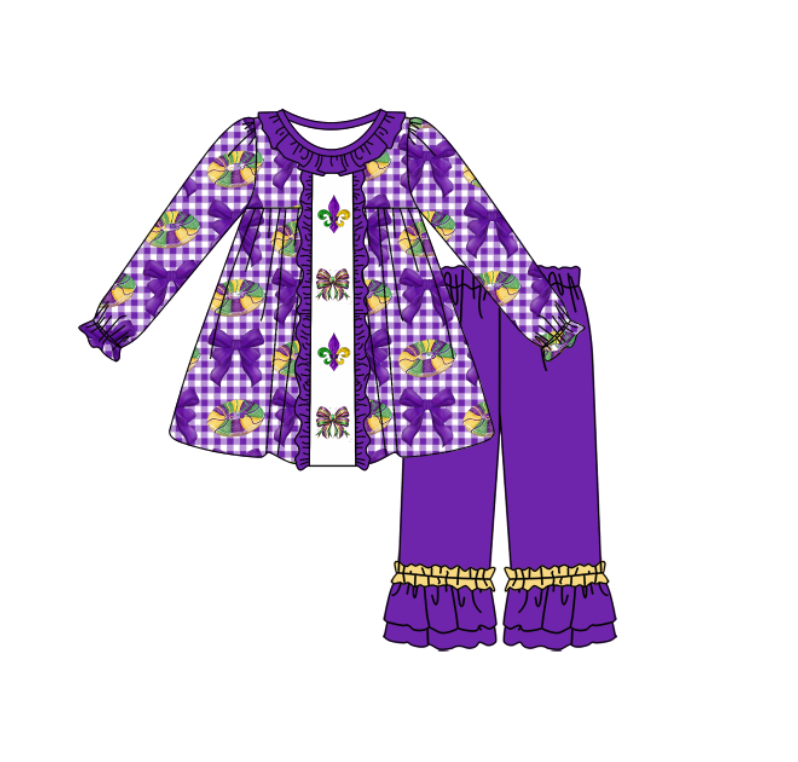 (Pre-order)GLP3134 Donut Bows Plaid Tunic Top Purple Pants Girls Mardi Gras Clothes Set
