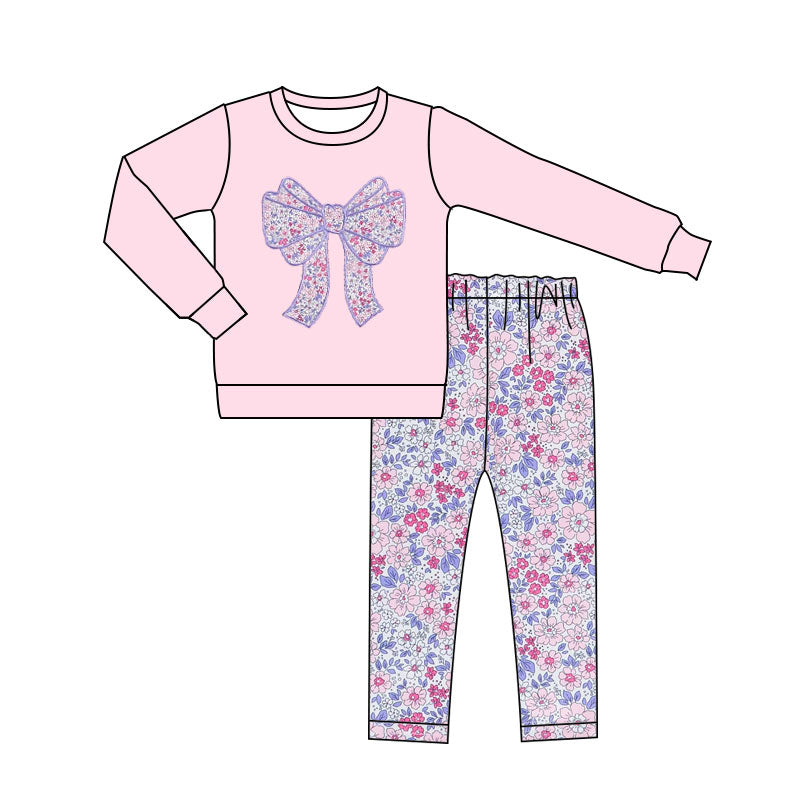 (Pre-order)GLP3136 Bow Pink Top Flowers Pants Girls Clothes Set