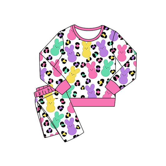 (Pre-order)GLP3141 Colorful Bunny Leopard Print Girls Easter Pajamas Clothes Set