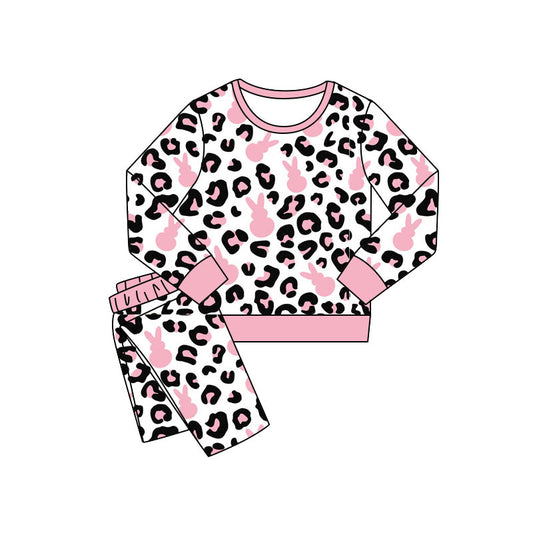 (Pre-order)GLP3142 Pink Bunny Leopard Print Girls Easter Pajamas Clothes Set