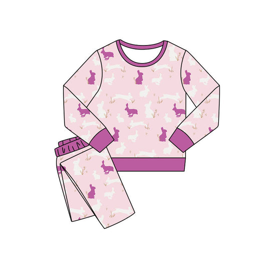 (Pre-order)GLP3145 Purple White Bunny Print Girls Easter Pajamas Clothes Set
