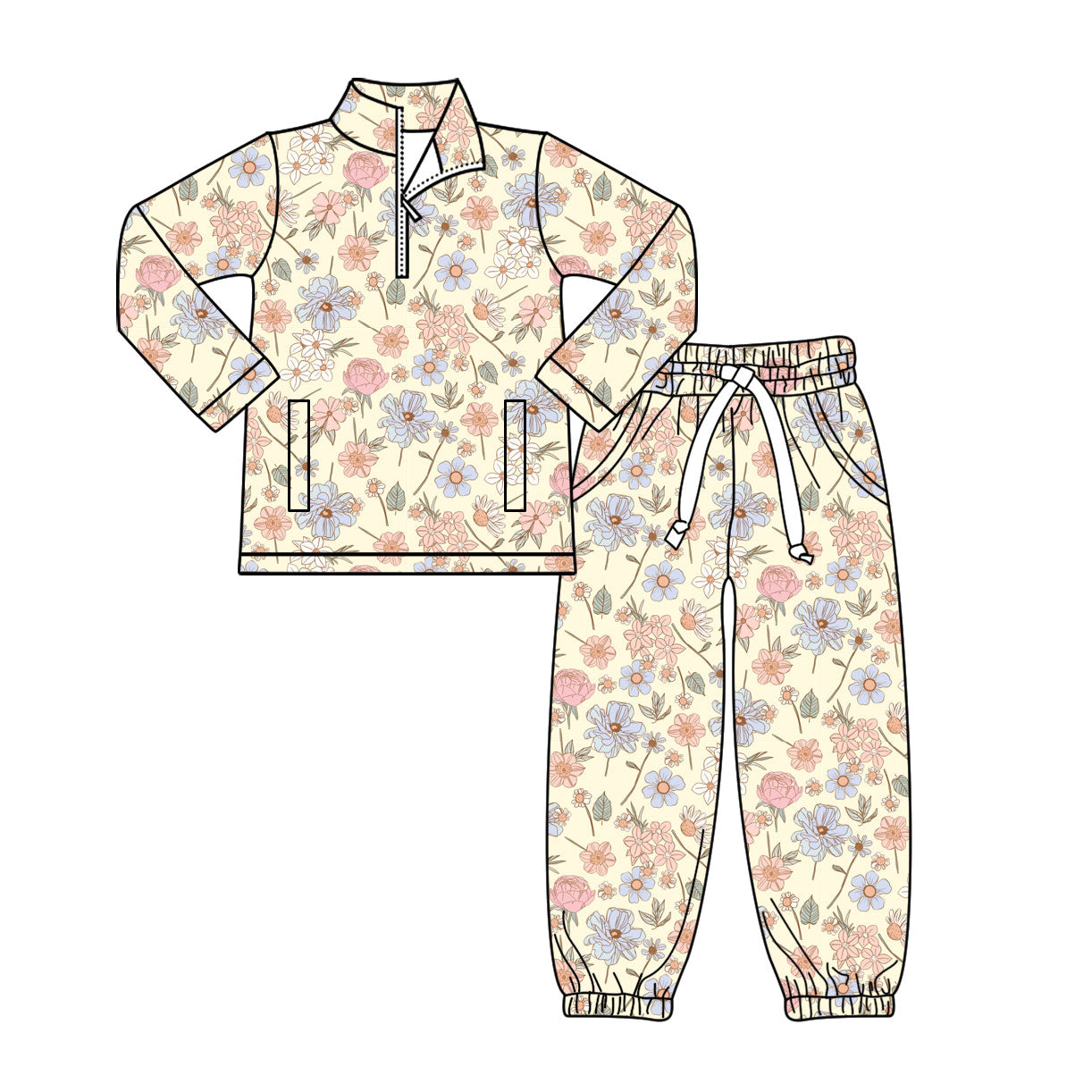 (Pre-order)GLP3149 Pink Blue Flowers Zipper Pullover Top Pockets Joggers Pants Girls Clothes Set