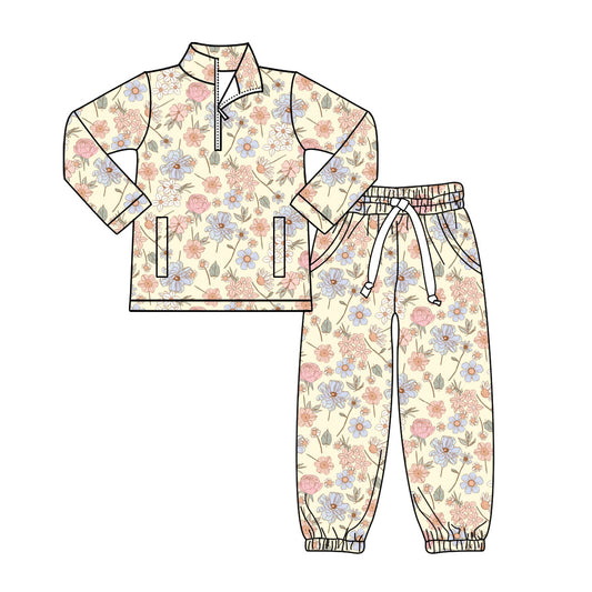 (Pre-order)GLP3149 Pink Blue Flowers Zipper Pullover Top Pockets Joggers Pants Girls Clothes Set