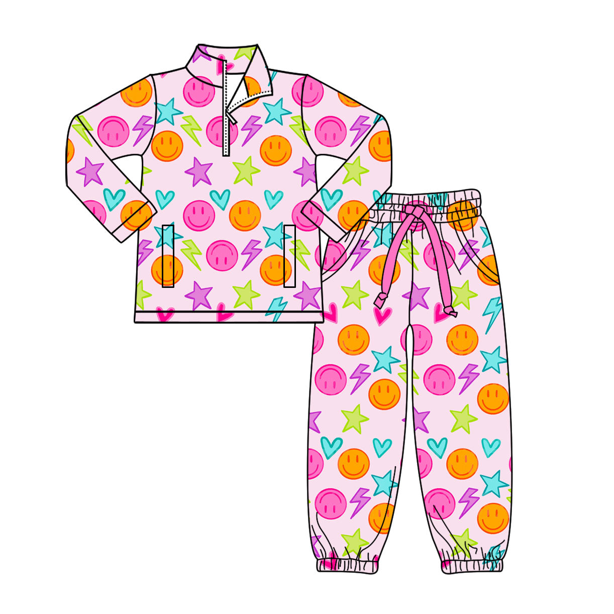 (Pre-order)GLP3150 Smiling Face Heart Stars Zipper Pullover Top Pockets Joggers Pants Girls Clothes Set