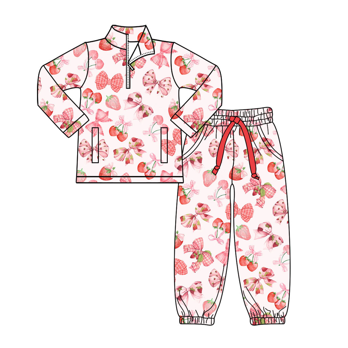 (Pre-order)GLP3151 Strawberry Cherry Bows Zipper Pullover Top Pockets Joggers Pants Girls Clothes Set