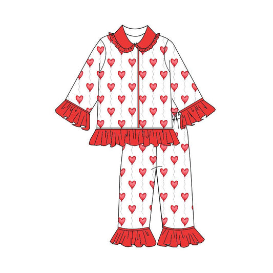 (Pre-order)GLP3152 Heart Balloon Print Girls Valentine's Day Buttons Pajamas Clothes Set