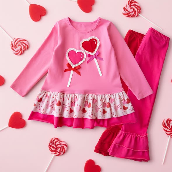 (Pre-order)GLP3155 Heart Tunic Top Ruffle Pants Girls Valentine's Day Clothes Set