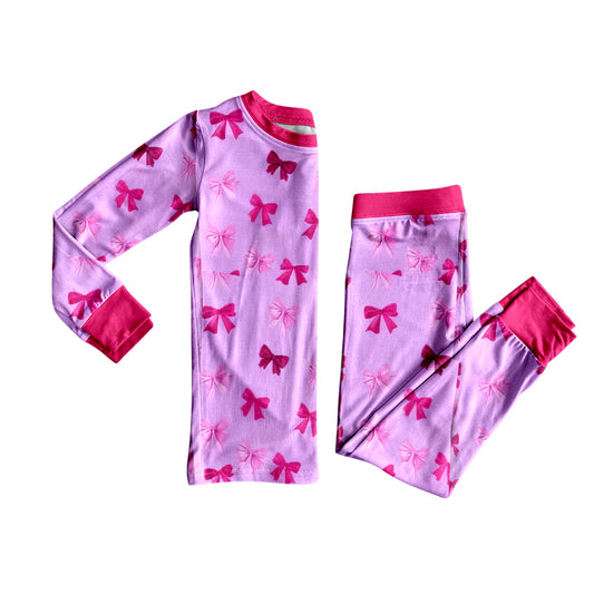 (Pre-order)GLP3160 Red Pink Bows Print Girls Pajamas Clothes Set