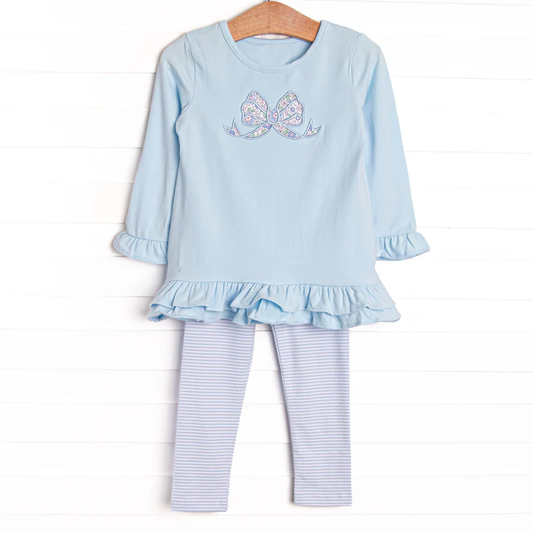 (Pre-order)GLP3165 Flowers Bow Blue Tunic Top Stripes Pants Girls Clothes Set