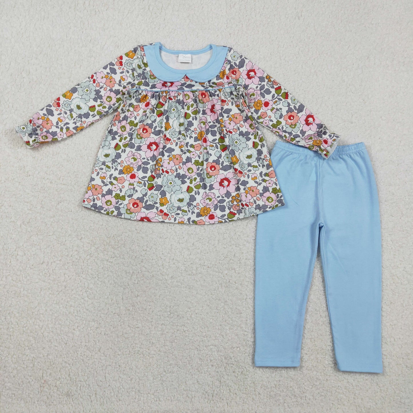 GLP3168 Flowers Tunic Top Blue Legging Pants Girls Clothes Set