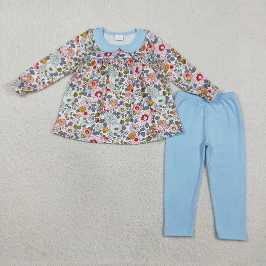 GLP3168 Flowers Tunic Top Blue Legging Pants Girls Clothes Set