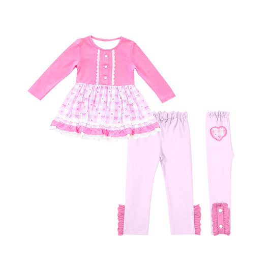(Pre-order)GLP3171 Heart Bows Plaid Tunic Top Pink Pants Girls Valentine's Day Clothes Set