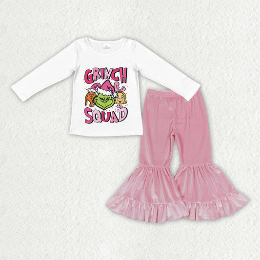 GLP3184 Green Frog White Top Pink Velvet Bell Pants Girls Christmas Clothes Set